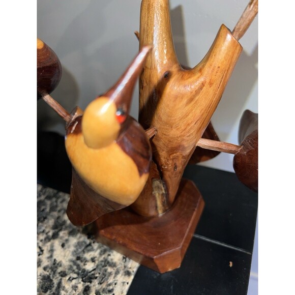Hand Carved Folk Art Birds in a Tree Wood Statue Removable Birds MCM Vintage - Picture 2 of 11